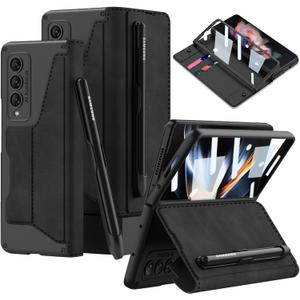 DEMCERT for Samsung Galaxy Z Fold 4 5G with S Pen Slot, Military Armor Cases Full Body Protective Anti-Scratch Hard Slim Leather Bracket Case with Screen Protector for Galaxy Z Fold 4 5G (Black)