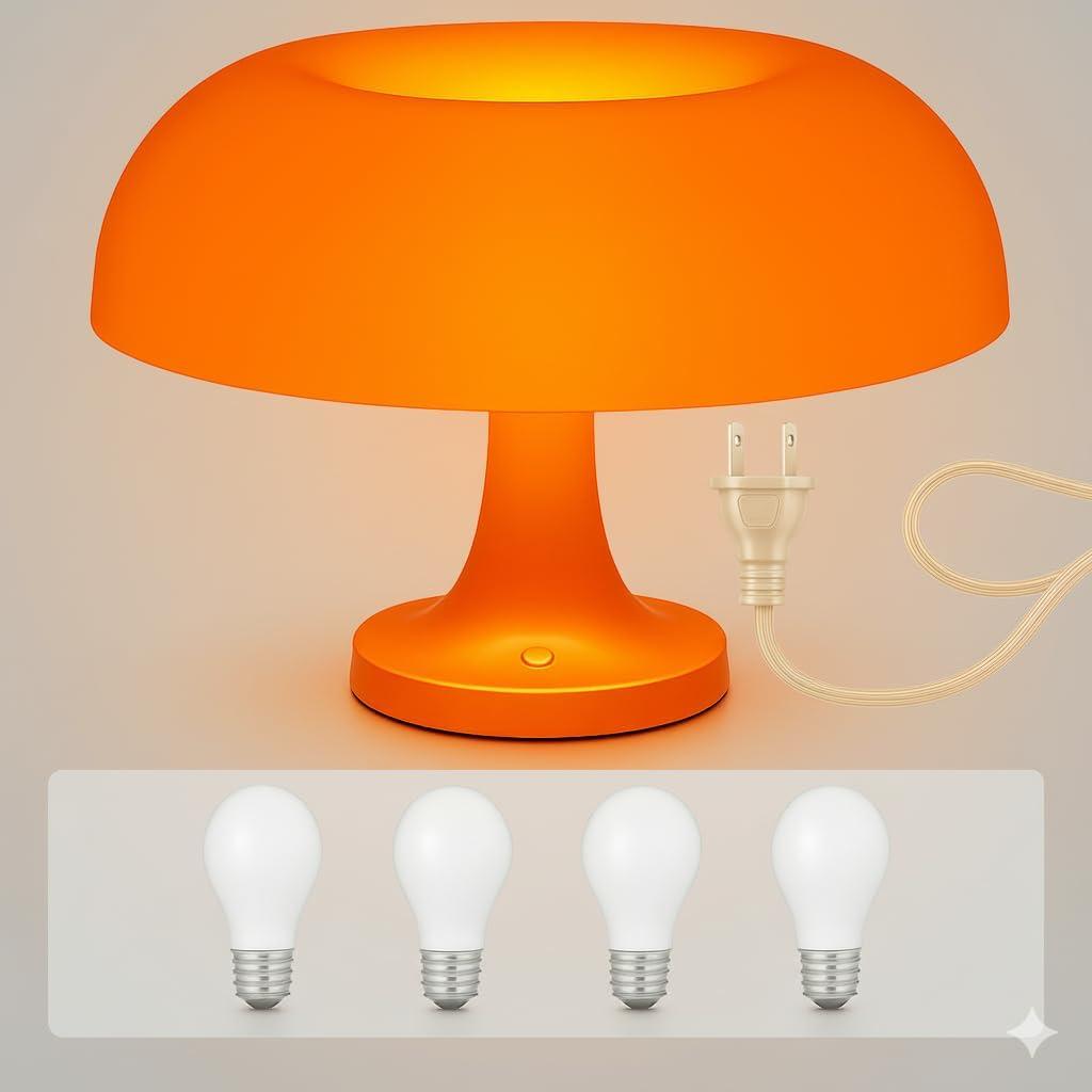 Orange Mushroom Lamp with 4 Replacable Bulbs Retro Mid-Century Modern Mushroom Light for Bedroom, Nightstand or Desk