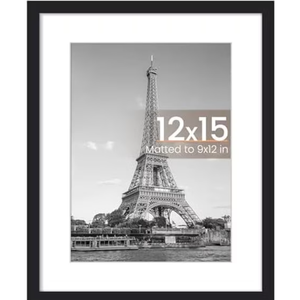 12 x 15 Frame, Display Pictures 9x12 with Mat or 12x15 Without, Wall Hanging Photo Frame, Black, 1 Pack