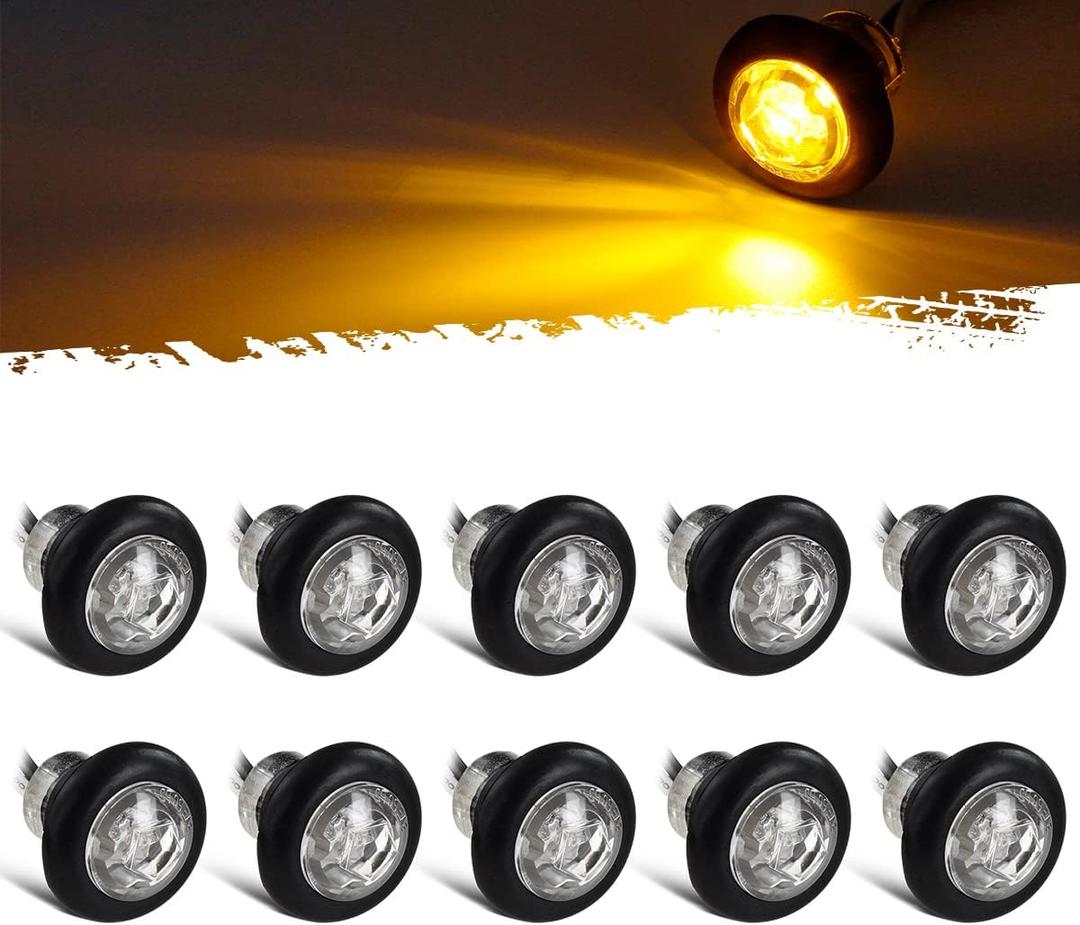 Partsam 10Pcs 3/4 Inch Amber Led Side Marker, DOT Approved Clear Lens Clearance Bullet Lights Penny Light with Plug Rubber Grommets for Trailer Truck RV Car Bus Van, 12V IP67 Waterproof
