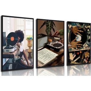 3Pcs Black Woman Art Poster African American Women Canvas Wall Art Funky Black Girl Record Music Posters prints for Modern Black Woman Bedroom Home Decoration 12x16in Unframed
