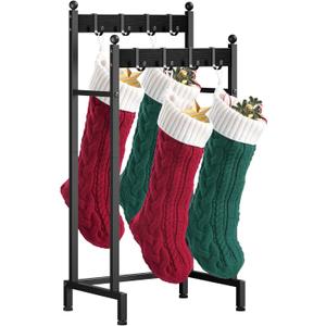 ELYKEN Christmas Stocking Holder Stand for Floor, 2 Tier Free Standing Stocking Rack with 8 Removable Hooks, Heavy Duty Metal Xmas Stocking Hanger Stand with Adjustable Feet, Black