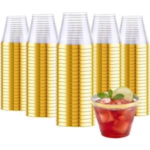 Ciaell 200PCS Gold Plastic Cups - 9Oz Heavy Duty Disposable Clear Plastic Cups with Gold Rim for Wine, Cocktail, Party & Wedding