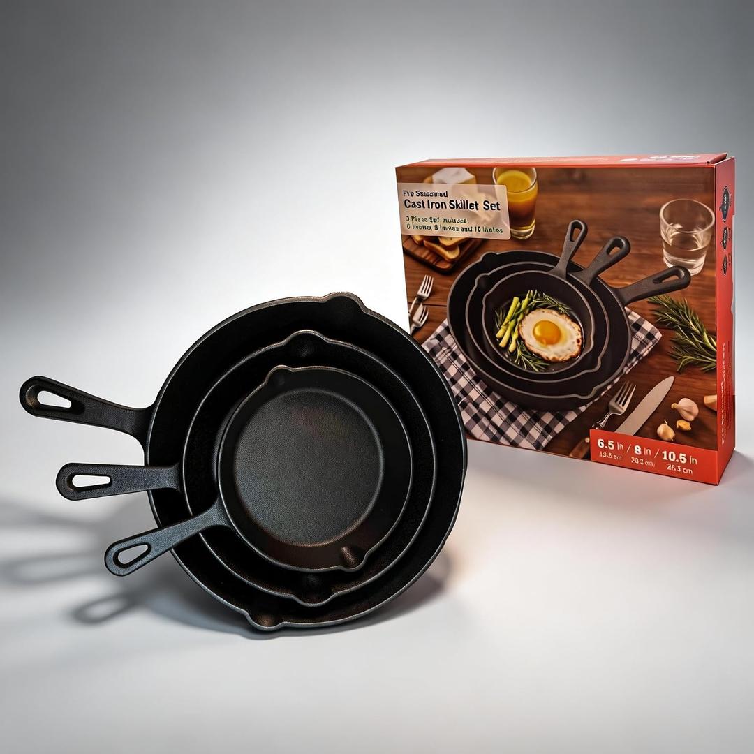 Cast Iron Non-Stick Skillets 3 Packs Fry Pans, 6 Inch, 8 Inch, 10 Inch, Black