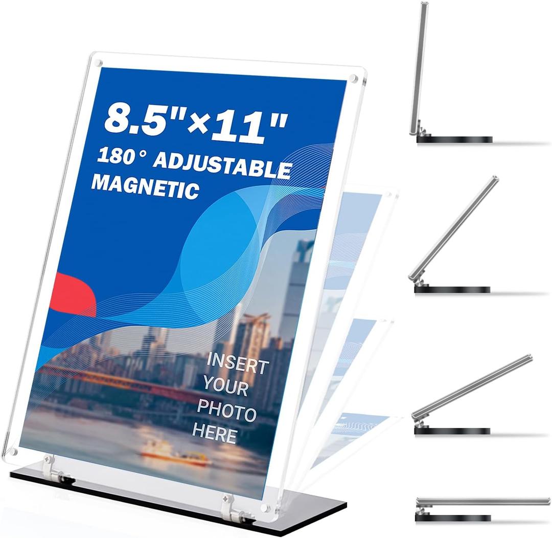 180 Adjustable Acrylic Sign Holder 8.5"x11", Magnetic Table Paper Display Stands with Solid Bases For Office, Double-Sided Clear Code Sign Menu Holder For Store