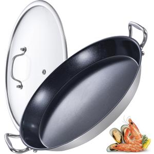 LOLYKITCH Nonstick Paella Pan with Lid, 14 Inch Tri-ply Stainless Steel Skillet, Large Oven Safe Cookware for Family of 5-8, Rust Proof & Warp Resistant, Induction Compatible