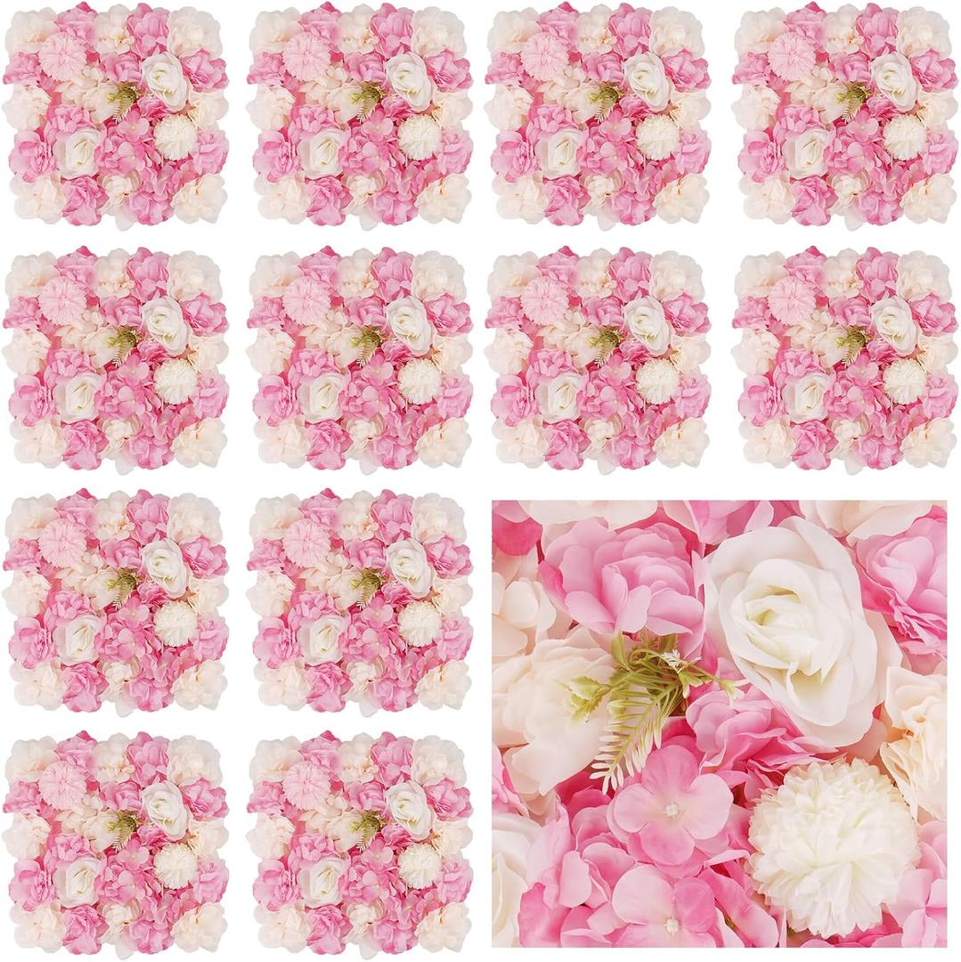 3D Flower Wall Backdrop - 12Pcs 1515 Inch Artificial Rose Panels Pink & White Silk Floral Decor for Home Party Wedding Anniversary Birthday Photographic Studio Background & Decorative Fences