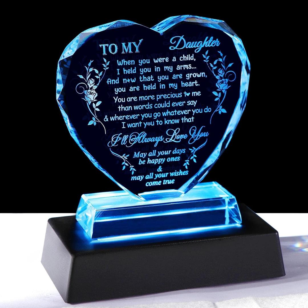 YWHL Crystal Daughter Gifts from Mom Dad, Laser Engraving Birthday Present for Daughter Adult, Heart Shaped Glass Keepsake for Mother's Day Christmas Graduation