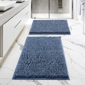 MitoVilla Blue Bathroom Rugs 2 Piece Set - 17" x 24" + 20" x 32", Non-Slip Extra Soft Absorbent Chenille Bath Rugs, Quick Dry Shaggy Shower Bathroom Floor Mat