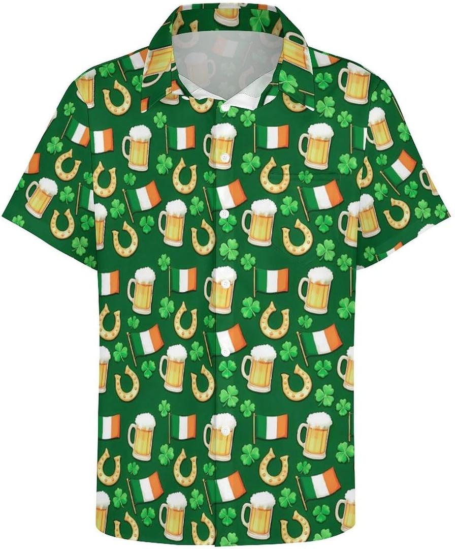 Mens St. Patrick's Day Shirt Irish Shamrock Casual Short Sleeve Button Down Hawaiian Shirts (Green, XXL)