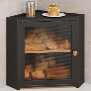 JANSNIMEN Corner Bread Box for Kitchen Countertop, Large Bread Container Storage Vintage Wooden Farmhouse Bread Box with Window for Homemade Bread Holder (Black)