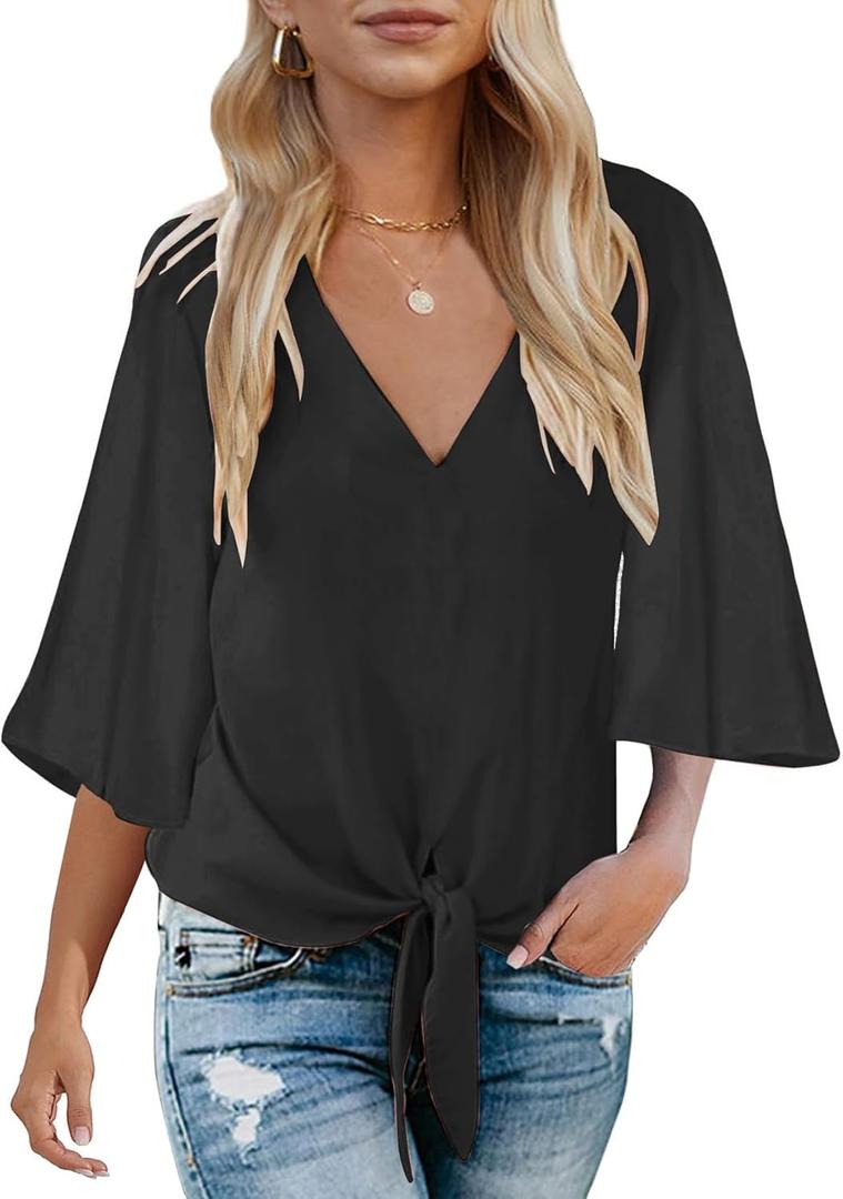 Bluetime Womens Tie Front Tops 3/4 Bell Sleeve V Neck Cute Summer Tops Shirts Casual Chiffon Blouses (Medium, Solid Black)