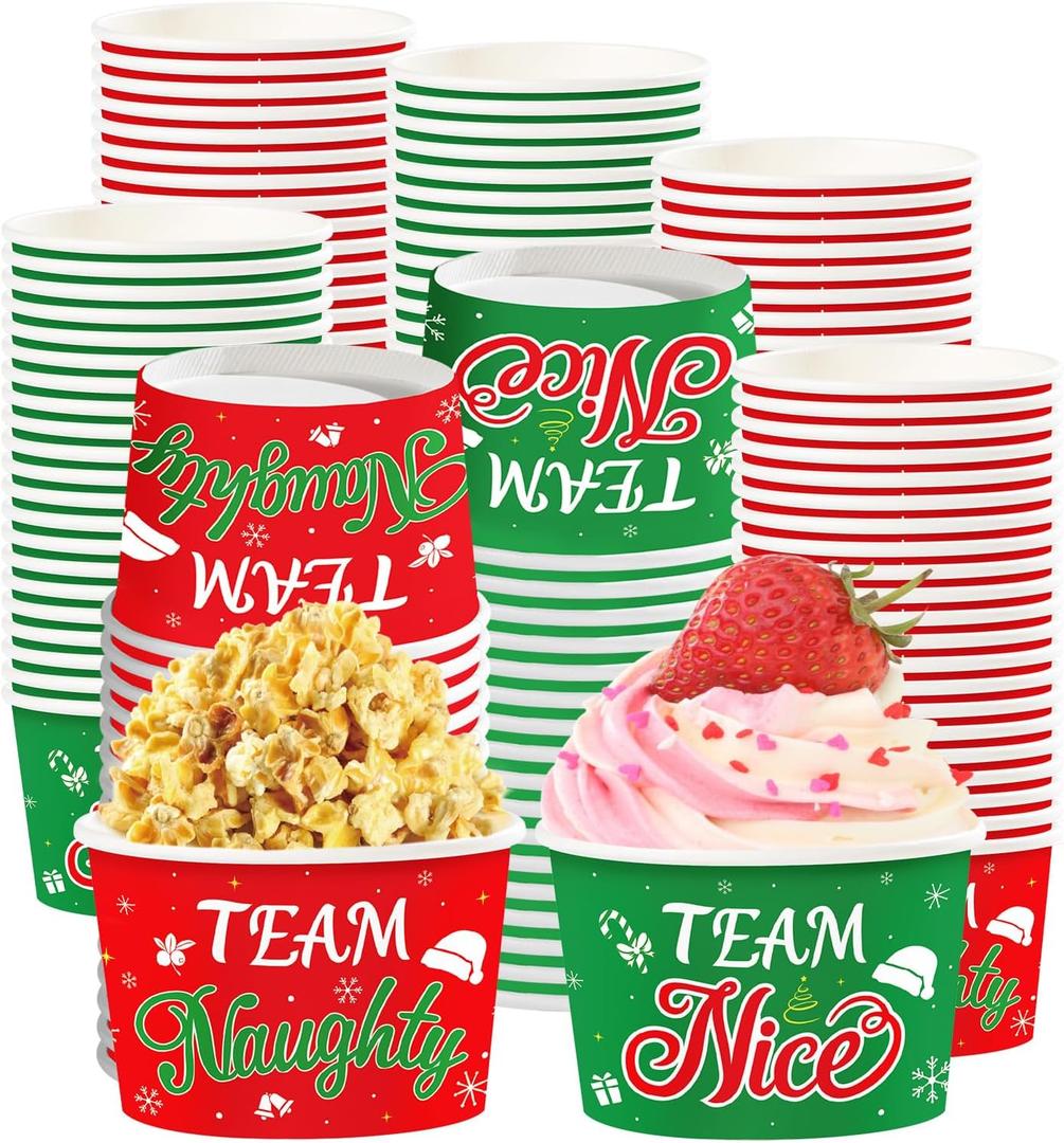 120Pcs Christmas Ice Cream Cups 12 oz Disposable Team Naughty Team Nice Paper Dessert Snack Bowls Xmas Red Green Winter Food Yogurt Cup Containers for Hot or Cold Food Candies Holiday Party Supplies