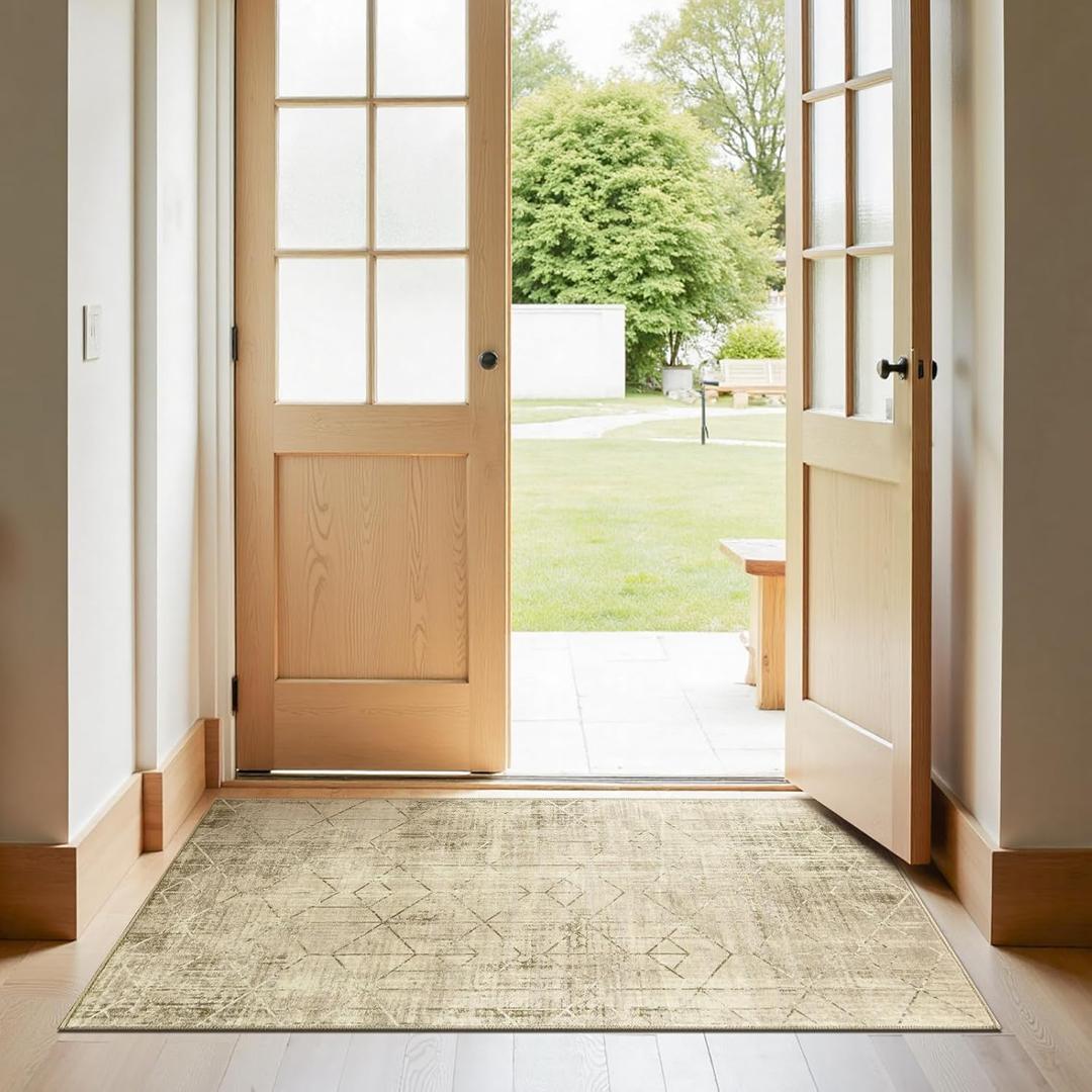 jinchan 3x5 Area Rugs for Entryway - Machine Washable Modern Rug Kitchen Soft Faux Wool Stain Resistant Non-Slip Ultra-Thin Low-Pile Geometric Carpet for Entrance Bedroom Living Room (3x5ft,Taupe)