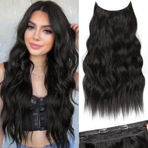 KooKaStyle Invisible Wire Hair Extensions with Transparent Headband Adjustable Size 4 Secure Clips Long Wavy Secret Wire Hairpiece 20 Inch Natural Black for Women
