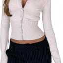 Women Button Down Long Sleeve Ribbed Knit Cropped Cardigans Y2k Solid Crew Neck Slim Fit Crop Cardigan Sweater (Beige, M)