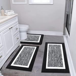 Pauwer Bathroom Rug Sets 3-Piece Shower Rugs with U-Shaped Contour Toilet Mat Absorbent Microfiber Plush Bath Mats Non Slip Machine Washable Shaggy Bathroom Floor Mats, Black (18"x26"+20"x32"+U Shape 20"x24")