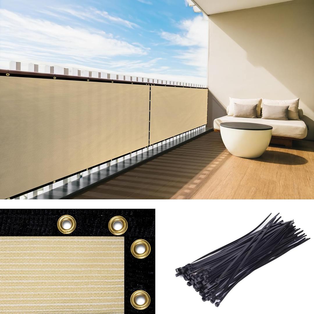 Royal Shade 3' x 10' Beige Balcony Privacy Screen Apartment Above Railing Porch Patio Fence Windscreen Cover Netting Mesh Fabric Cloth - Cable Zip Ties Included