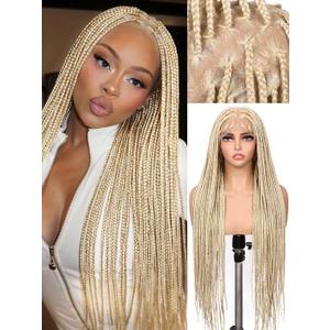 HANNE Real Full Lace Braided Wigs for Black Women 34 Inch Knotless Braided Wigs with Baby Hair 100% Handmade HD Lace Synthetic Box Braid Wig (Blonde)