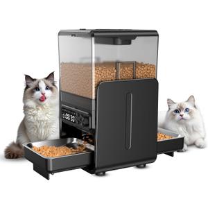 Automatic Cat Feeder for 2 Cats, 5L/20 Cups Food Dispenser with Adjustable Raised Double Bowls, Detachable Control Panel, Timed Cat and Dogs Feeder for Dry Food, Dual Power Supply