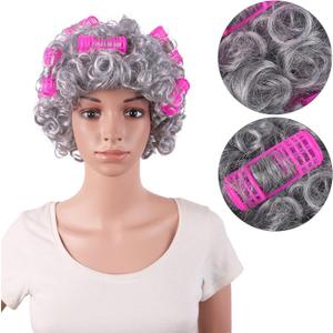 MapofBeauty 4 Inch/11 cm Curly Grandmother Hair Elderly Costume Granny wig With Hair Rollers Cosplay Lady Wig (Silver Grey)