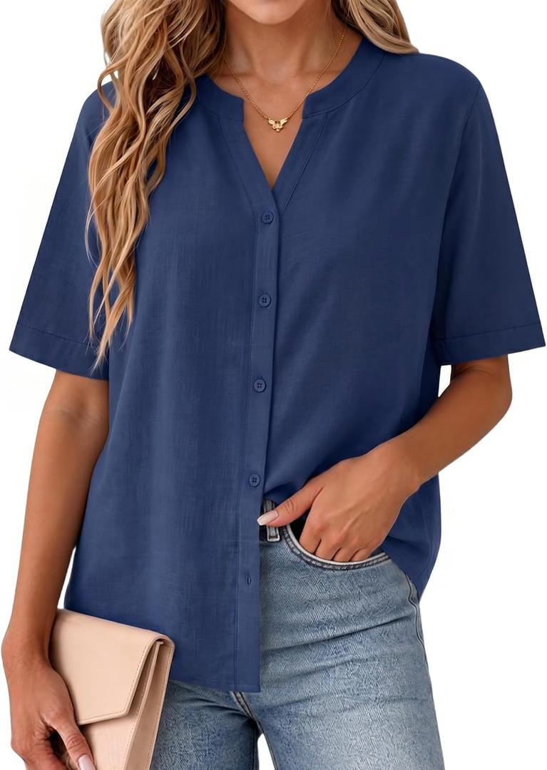 SEMARO Womens Cotton Linen Button Down Shirts Casual Short Sleeve Solid Summer Blouses Tops with Pocket, Blue, XL