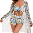 Yknktstc Womens 3 Pieces Bikini Set Swimsuit Tropical Beach Cover up Kimono Swimwear Bathing Suit with Boy Shorts (Large)