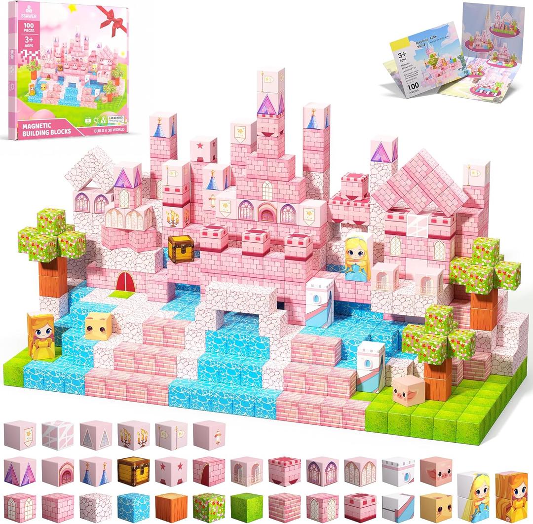 Magnetic Blocks, 100PCS Magnetic Tiles Building Blocks, Magnet Cubes STEM Sensory Game Toys Christmas Birthday Gifts for Kids Girls Age 3+ (Princess Castle)