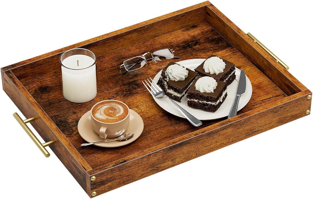 TEMI Serving Tray with Gold Handles  Rustic Brown Wood Finish, 16.5" x 13.8" Waterproof Decorative Tray for Ottoman, Coffee Table, or Kitchen
