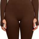 Popilush Long Sleeve Jumpsuit for Women Built-in Bra Ribbed U Neck Tummy Control Full Length Bodycon Workout Fall Outfits (XX-Large, Brown)