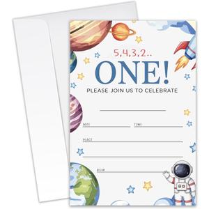Space Themed 1st Birthday Party Invitations - 20 Invitation Cards 4"x6" with 20 Envelopes - Astronaut Space 1st Birthday Party Invites.(149)