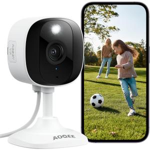 AOQEE 2K Cameras for Home Security-Outdoor/Indoor Camera for Dog/Cat/Pet/Nanny/Baby/Elderly, Color Night Vision, White Light, Siren, 24/7 SD Recordings, Works with Alexa, Plug in (C1-White-1pack-2.4G)