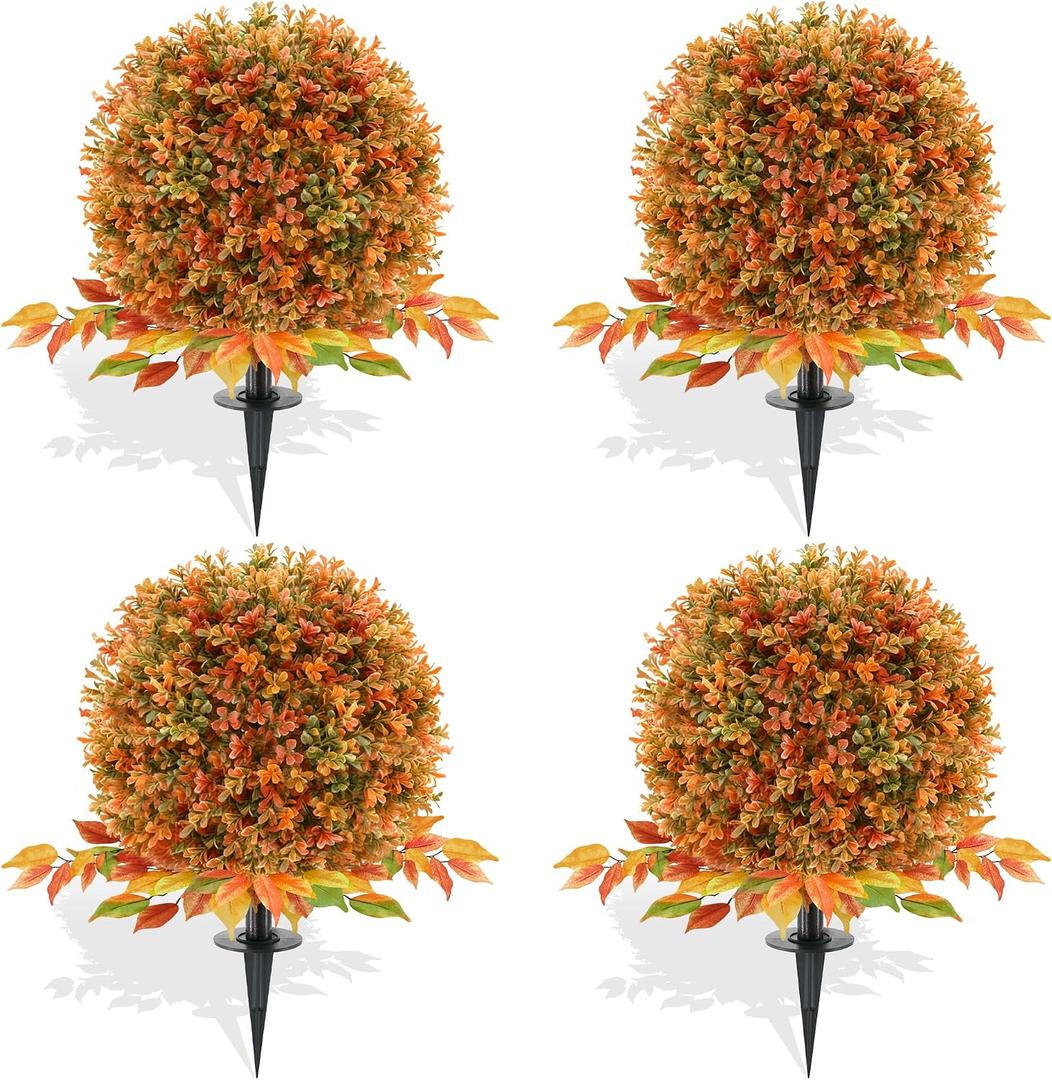 4 Pack Artificial Flower Topiary Ball with Ground Spikes, UV Resistant Orange Boxwood Outdoor Faux Shrubs Plants for Fall Autumn Thanksgiving Halloween Decor, Garden Porch Yard Patio