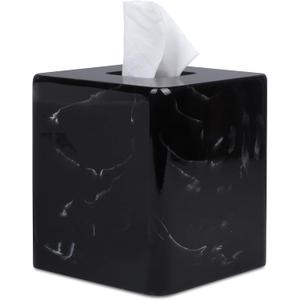 JUNGFORD Square Tissue Box Cover, Facial Napkin Holder for Living Room, Office, Bathroom, Marble Pattern Made of Resin (Black)