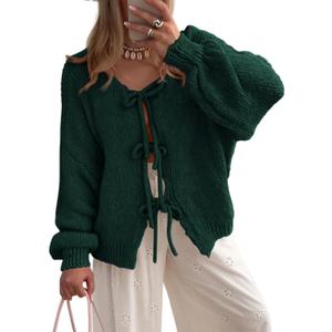 PRETTYGARDEN Women's Tie Front Bow Cardigan Sweaters Chunky Knit Long Puff Sleeve Trendy Fall Winter Jacket Coats, Small
