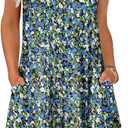 Summer Dresses for Women 2025 Loose V Neck Swing T Shirt Casual Dress Sundresses with Pockets Floral Viola Size M