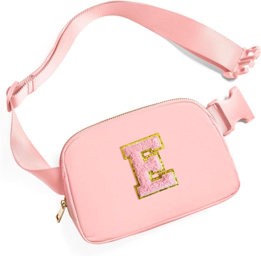 Gitus Belt Bag Fanny Pack Crossbody Bags with Initial Letter Patch Cute Stuff Birthday Gifts for Teenager Girls Trendy Preppy Stuff for Teen Girls Cool Stuff for Teens (Light Pink-E)