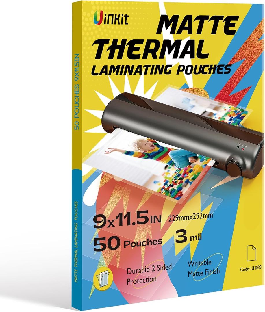 Uinkit Matte Thermal Laminating Pouches, 9 x 11.5 Inches 3 Mil Thick Clear Anti-Glare with Matte Finish 50 Pack Fitted for Letter Size Laminating Sheets 8.5 x 11