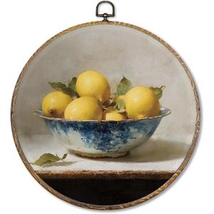 2 x Sufamb Vintage Farmhouse Lemon Round Wall Art Decor, Retro Lemon Canvas Artwork Framed, Rustic Still Life Fruit Wall Hanging Prints Decorations for Kitchen Dining Room Home Decor, 10x10 Inches, (Mix)