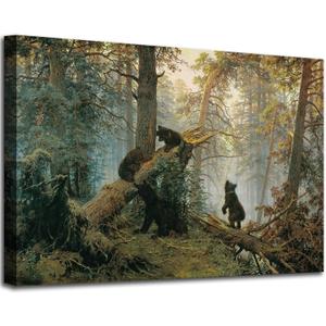 msspart Black Bears in Forest Painting Canvas Wall Art Decor, Ivan Shishkin Artwork Pictures Print for Living Room Bedroom Office Decoration 24"x36"