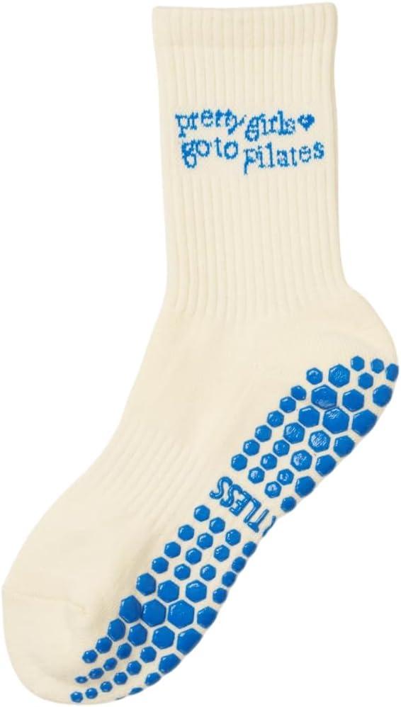 Shapes Studio Crew Half Calf Grip Socks, Cutest Fruits Pilates Socks, Ruffle socks, Non-Slip, Barre Yoga Fitness (5-10, Blue)