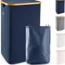 LONBET 26 Gal. Laundry Basket with Lid, Made from Breathable Fabric Aesthetic Clothes Hampers for Laundry with Side Handles & Sturdy Bamboo Frame Laundry Hamper with Lid & Removable Bag, Blue