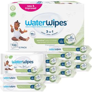 WaterWipes Sensitive+ Baby & Toddler Wipes, 3-In-1 Cleans, Cares, Protects, 99.9% Water, Textured Clean, Unscented & Hypoallergenic, 720 Count (12 Packs)