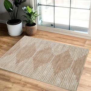 HelloTree 2x3 Entryway Rug, Indoor Small Machine Washable Area Rug Non Slip Backing Home Decor Floor Decoration Mat Boho Rugs for Entrance Kids Room Bedside Bedroom Carpet-Pink&Khaki