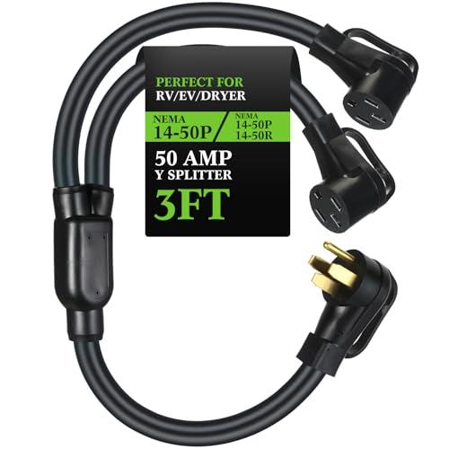 Kanayu 50Amp 14-50 Y Splitter Adapter Cord ETL Listed 14-50P Male to 2X 14-50R Female 4 Prong 250V Splitter for RV and EV Heavy Duty 6/3+8/1 STW AWG RV Generator Outdoor Extension Cord, 3 Ft