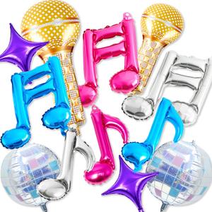 10 Pcs Pink Purple Blue Balloons K-pop Music Birthday Party Decoration Inflatable Disco Ball Microphone Musical Note Music Foil Balloons for 50s Concert Karaoke Party Decorations