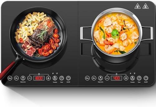 Aobosi Double Induction Cooktop,Portable Induction Cooker with 2 Burner Independent Control,Ultrathin Body,10 Temperature,1800W-Multiple Power Levels,4 Hour Timer,Safety Lock