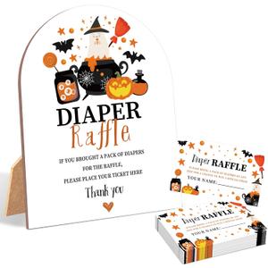 Halloween Diaper Raffle Game, 6x8 Inch Arch Wooden Sign with Stand and 50 Diaper Raffle Tickets-XR19