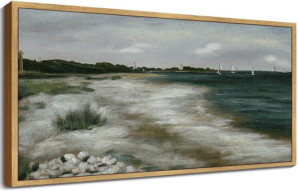 SHENIFY 20x40in Extra Large Vintage Framed Wall Art Seaside Coastal Landscape Painting Retro Beach Scenery Farmhouse Bedroom Above of Bed Living Room Decor - Natural Framed