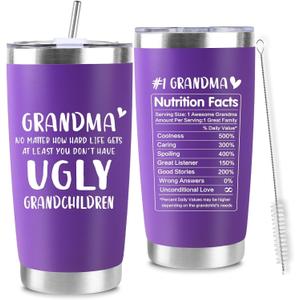 Christmas Gifts for Grandma, Funny Grandma Insulated Travel Tumbler, Nice Grandmother Mom Gifts for Xmas Thanksgiving Day Birthday, At Least You Don't Have Ugly Grandchildren (20Oz, Purple)